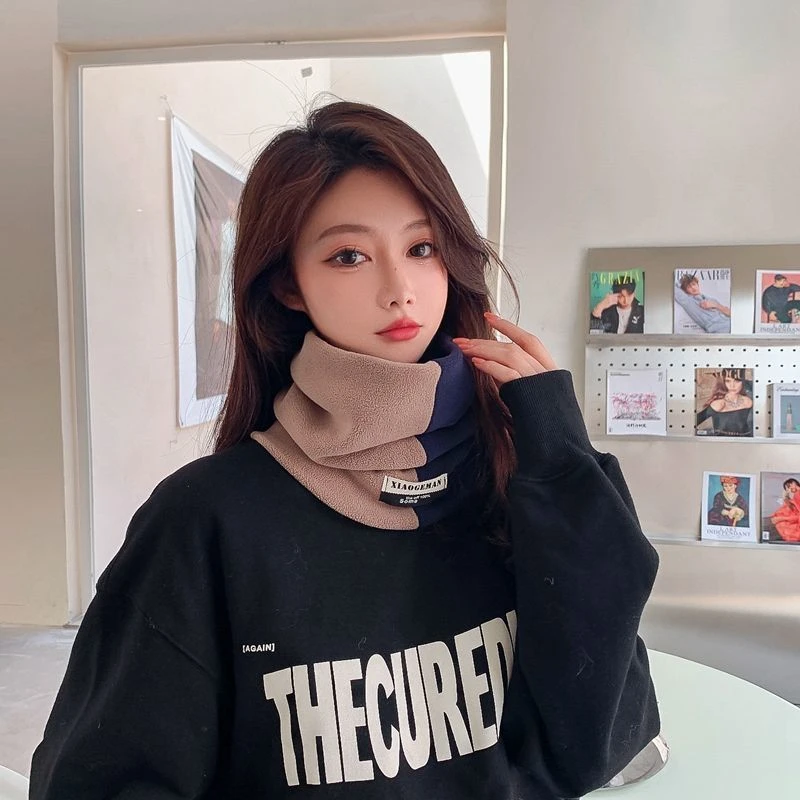保暖围脖女春夏季双层加厚防寒护颈脖套韩版百搭撞色防风围巾帽子