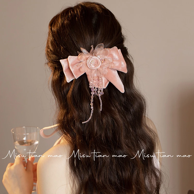 蝴蝶结发卡头饰花朵流苏后脑勺盘发夹子2024新款韩系高级感一字夹