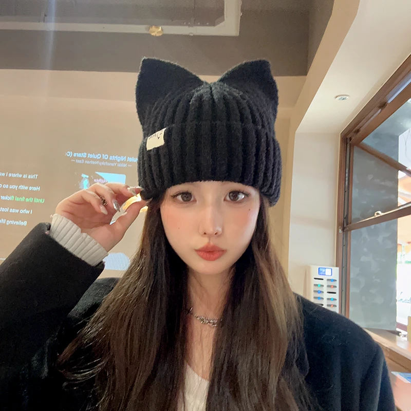 日系猫耳朵毛线帽子女秋冬季保暖可爱针织帽韩版休闲百搭软妹冷帽