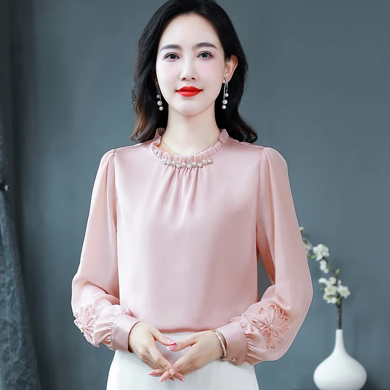 钉珠缎面衬衫女长袖2024春季气质百搭显瘦上衣潮别致漂亮洋气衬衣