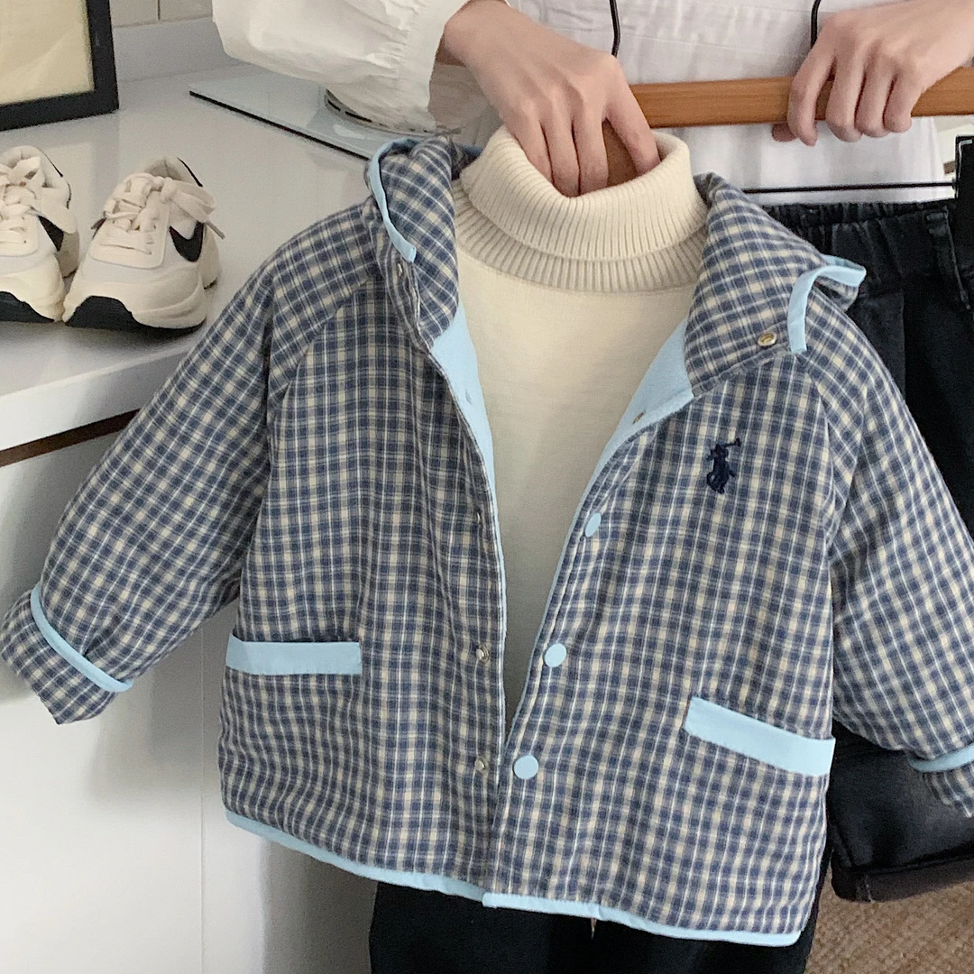 儿童棉衣外套加绒加厚保暖格子刺绣撞色连帽上衣