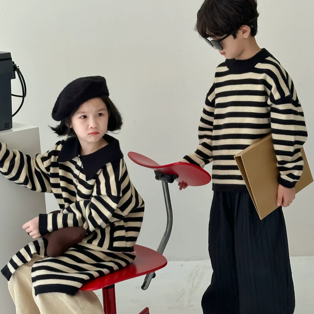 儿童毛线卫衣韩版条纹POLO卫衣裙儿童翻领休闲宽松兄妹装