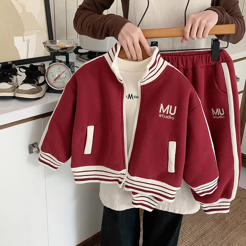 儿童加绒套装2024冬季新款时尚潮范男童女童韩版加绒两件套