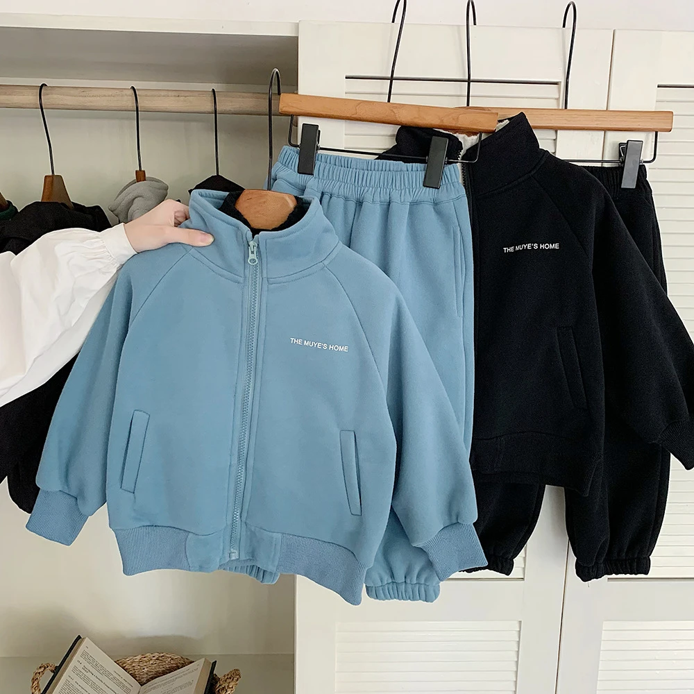 儿童加绒套装2024冬季新款童装男童韩版保暖外套卫裤加厚两件套潮