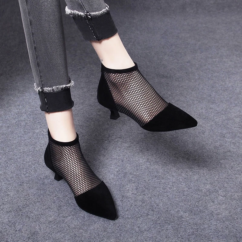 夏网面简约短靴防滑尖头低跟磨砂春夏粗跟细跟透气网靴百搭工作鞋
