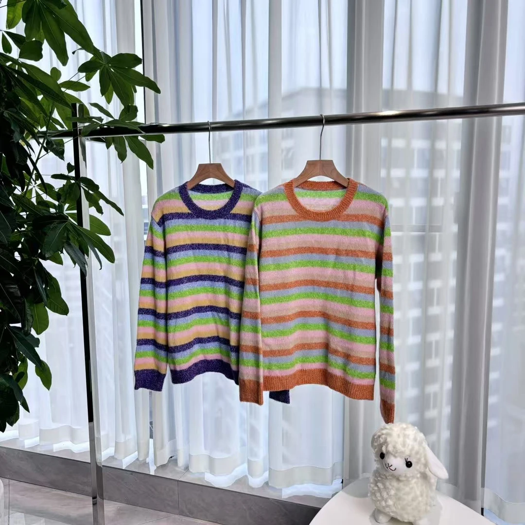 2024【炸总精选】丝羊绒时尚撞色条纹圆领百搭套头针织衫C1919