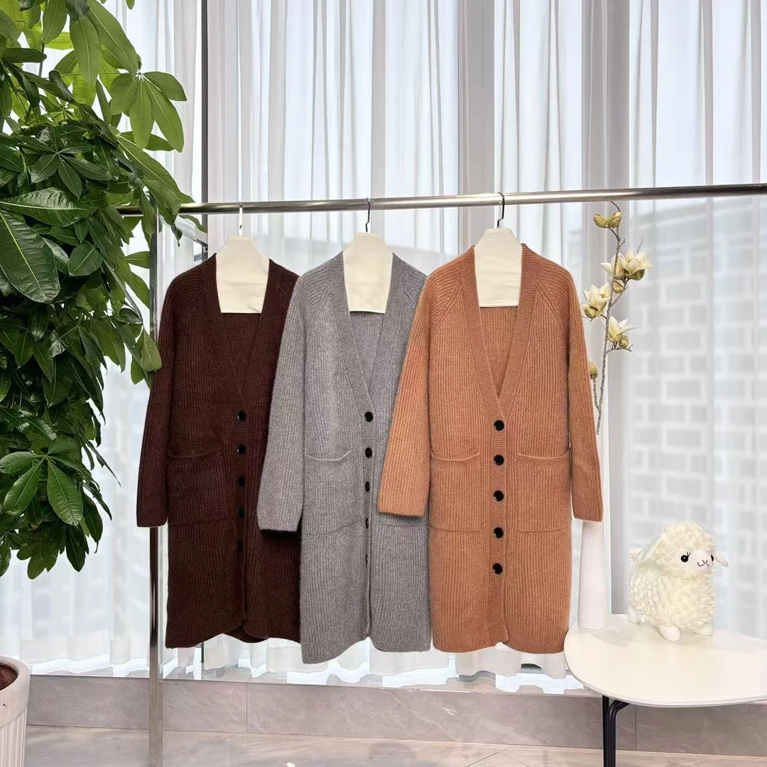 2024【炸总精选】100%山羊绒衫拉绒V领简约长款纽扣羊绒开衫L207