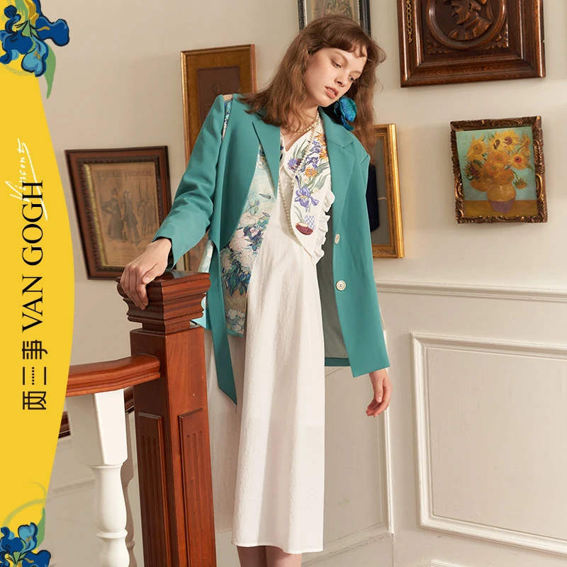 两三事梵高艺术浓缩蓝鲸2022秋季新款简约风印花布拼接西装外套女