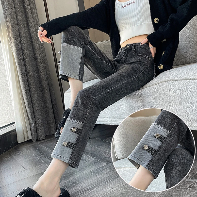 复古烟管牛仔裤女2023年新款高腰显瘦小个子九分弹力直筒裤秋装潮