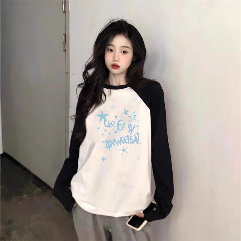 插肩长袖t恤女星星印花春秋冬oversize宽松纯棉打底体恤上衣潮ins