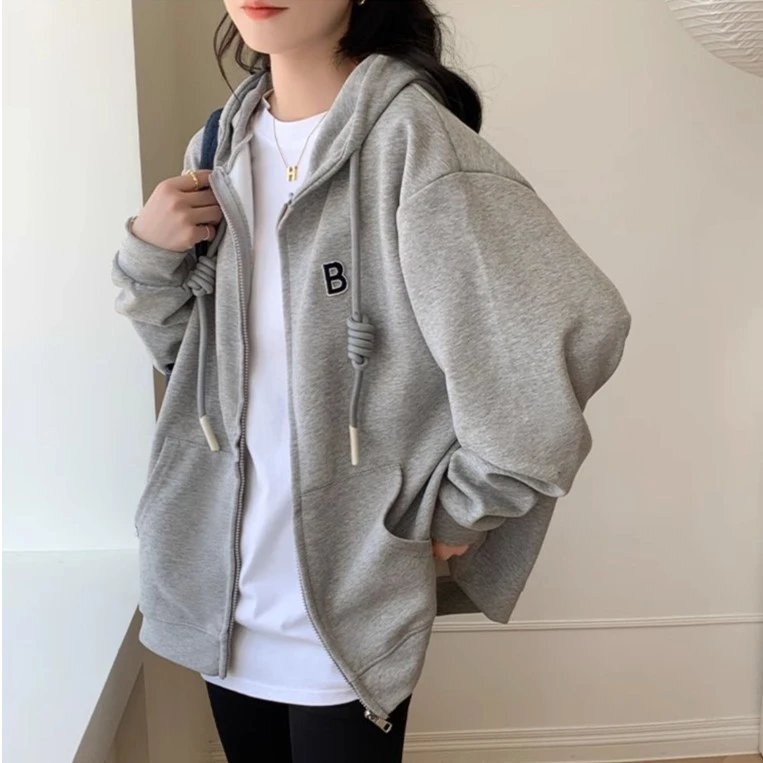 韩版春秋外套2025新款拉链浅灰色卫衣连帽休闲开衫chic女款小个子