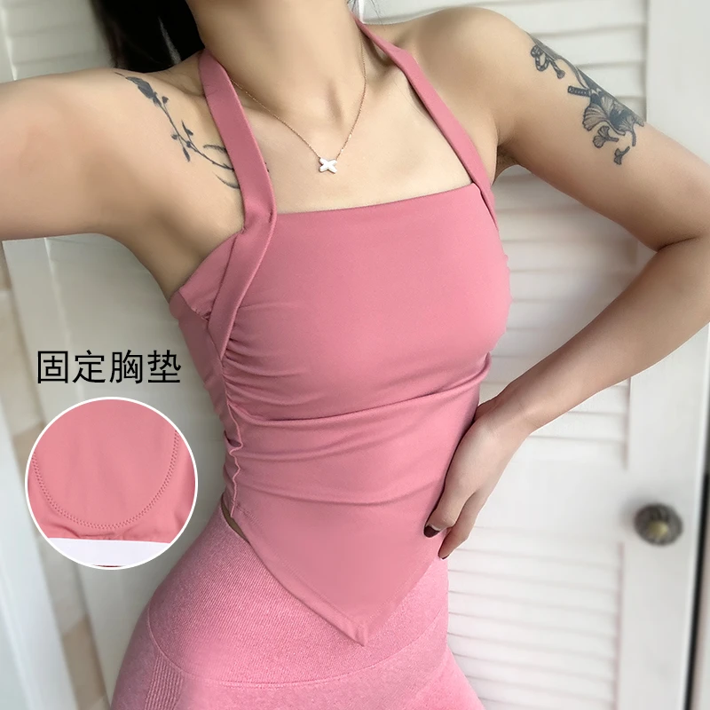 一体杯瑜伽文胸女方巾辣妹风运动内衣性感美背健身服跑步挂脖背心
