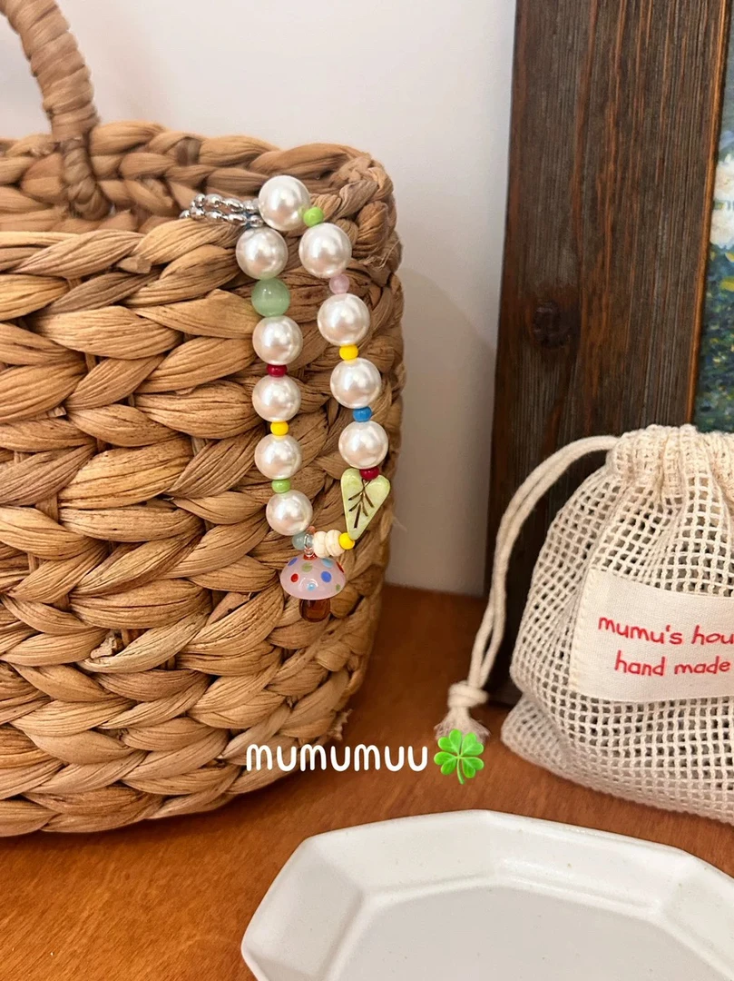 钛钢琉璃手链 木木部屋 复古可爱小蘑菇手链珍珠琉璃百搭手链