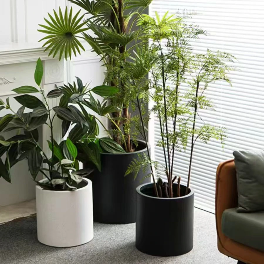 魅直桶镁泥花盆黑金刚鸭脚木高山榕镁泥花盆欧式简约轻奢风办公室