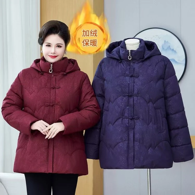 120-250斤特大码加绒加厚冬季棉服加大加肥中老年上衣连帽棉服女