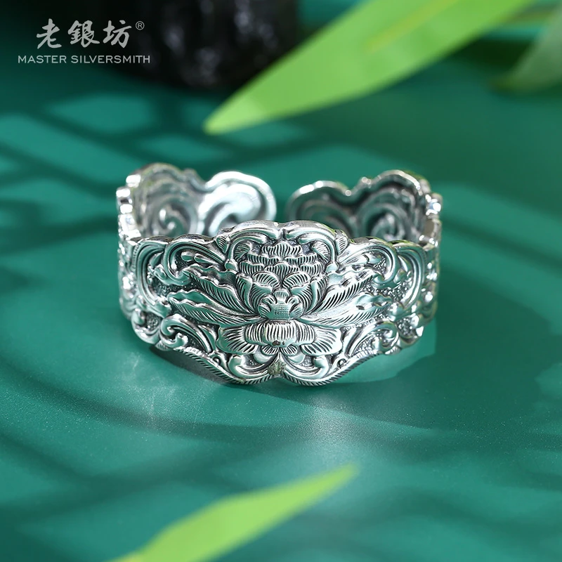 足银手镯 足银999大气牡丹宽手镯 0034222