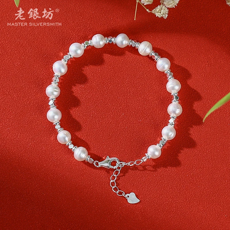 【老银坊】s925银圆珍珠间碎银手链 0033510