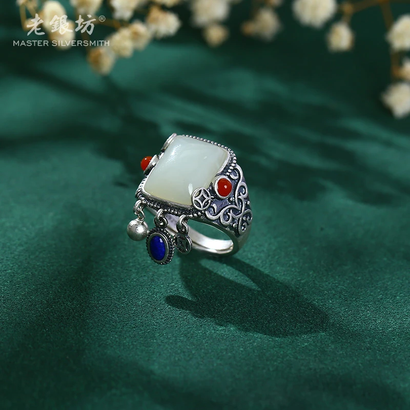 【老银坊】s925银方青玉吊配戒指 0031975