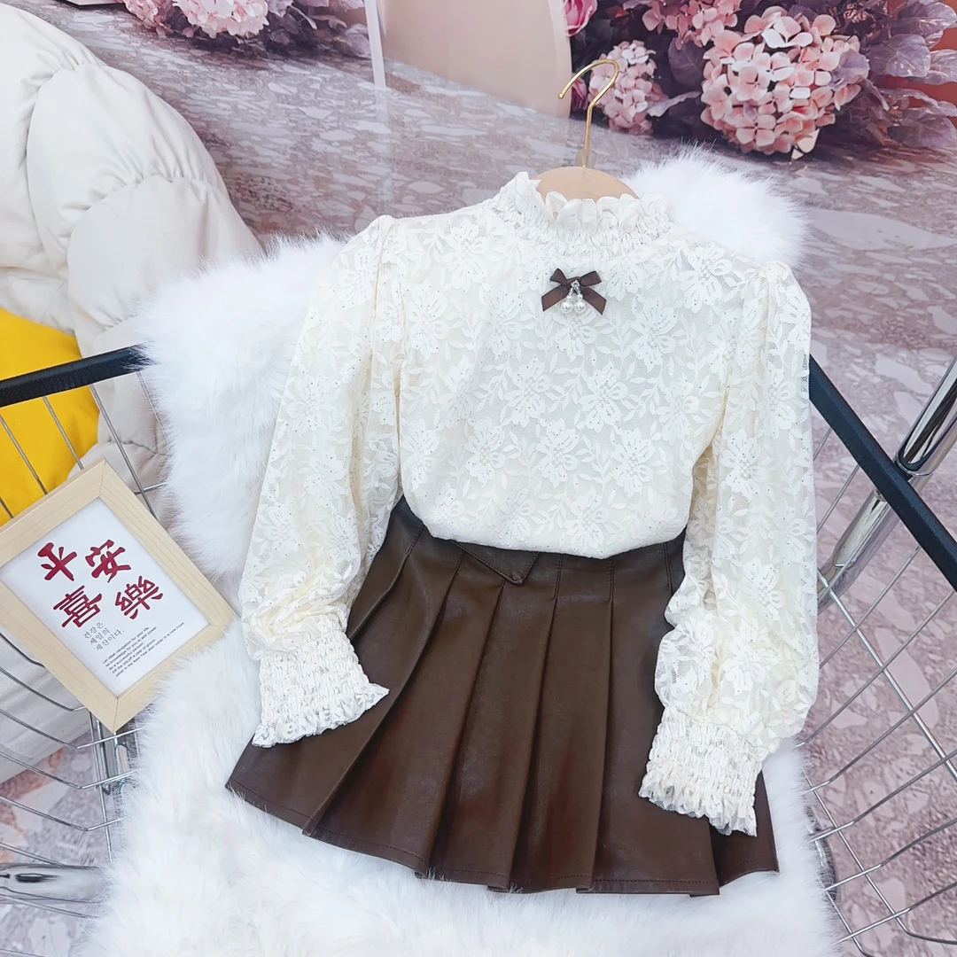 【贝贝优品】秋季2024新款女童装时装气质星光闪闪花边领打底衫衬衫