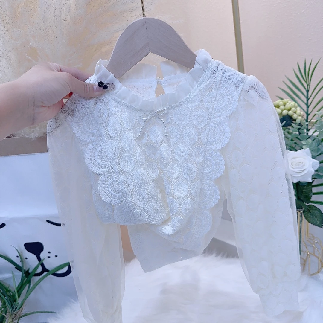 【贝贝优品】女童2025秋季新款童装蕾丝花边衬衫珍珠蝴蝶结打底衫