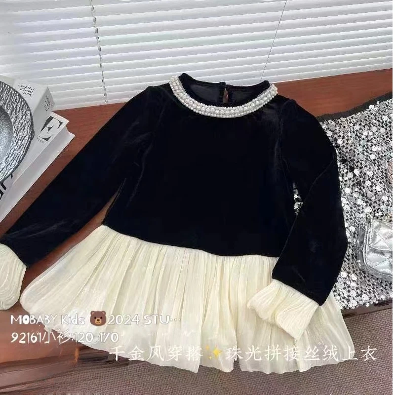 【贝贝优品】秋季2024新款款女童装 千金风时装珠光拼接丝绒上衣