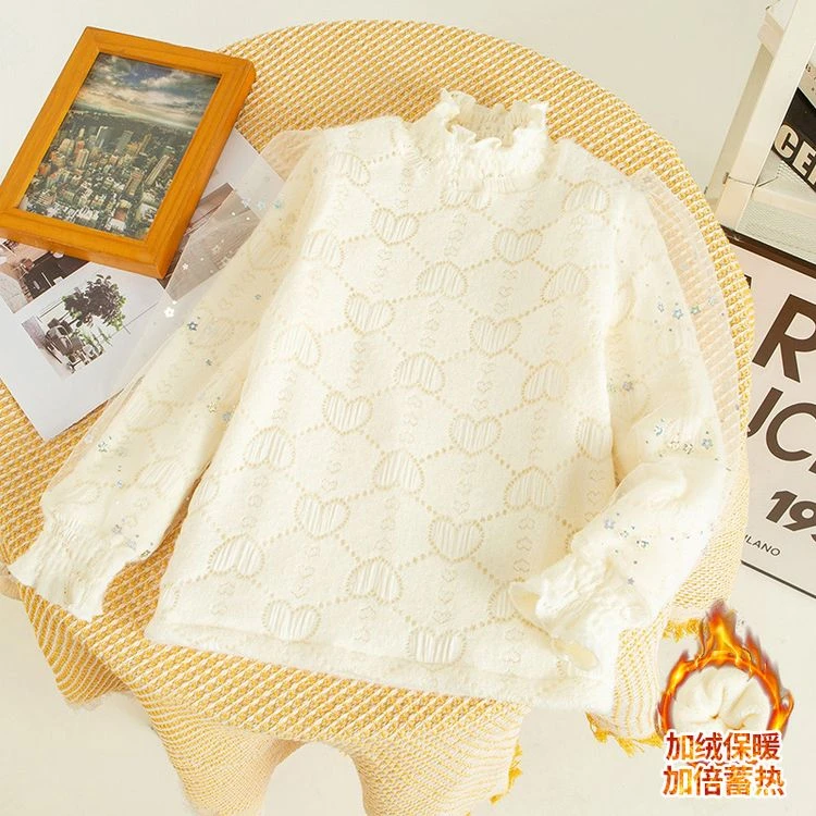 【贝贝优品】冬季女童加绒D6672时尚洋气爱心网纱袖打底衫
