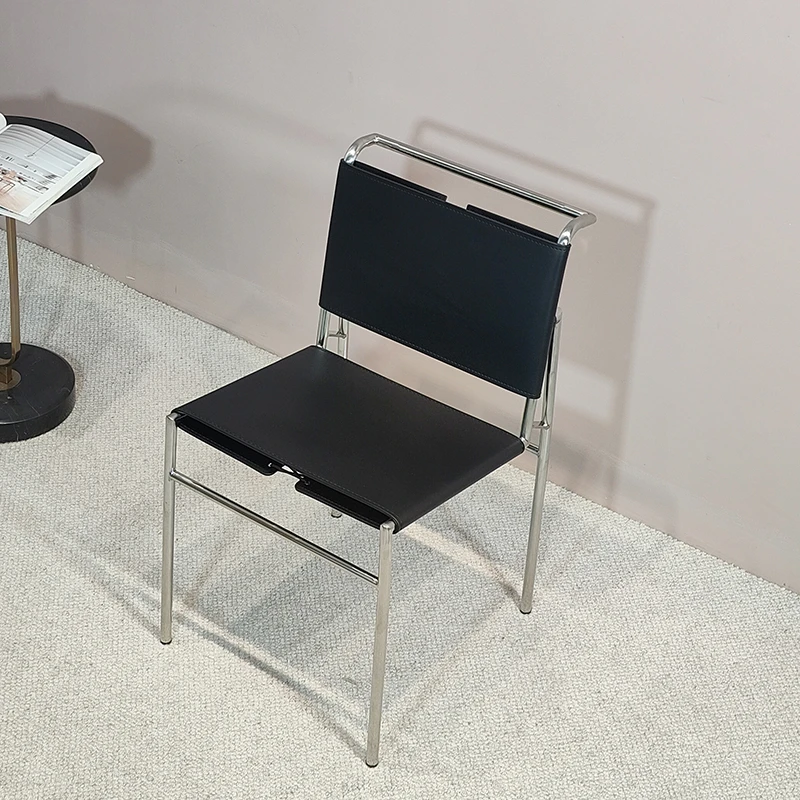 不锈钢马鞍皮餐椅中古包诧寂风椅咖啡店餐厅工程单椅洽谈椅休闲椅