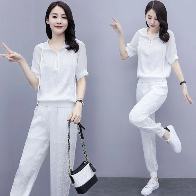 冰丝运动服套装女夏季2025新款女神范洋气减龄大码显瘦休闲两件套