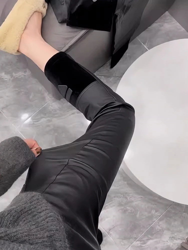 欧货秋冬新款金丝绒拼接涂层直筒裤女松紧腰弹力百搭小脚九分裤子