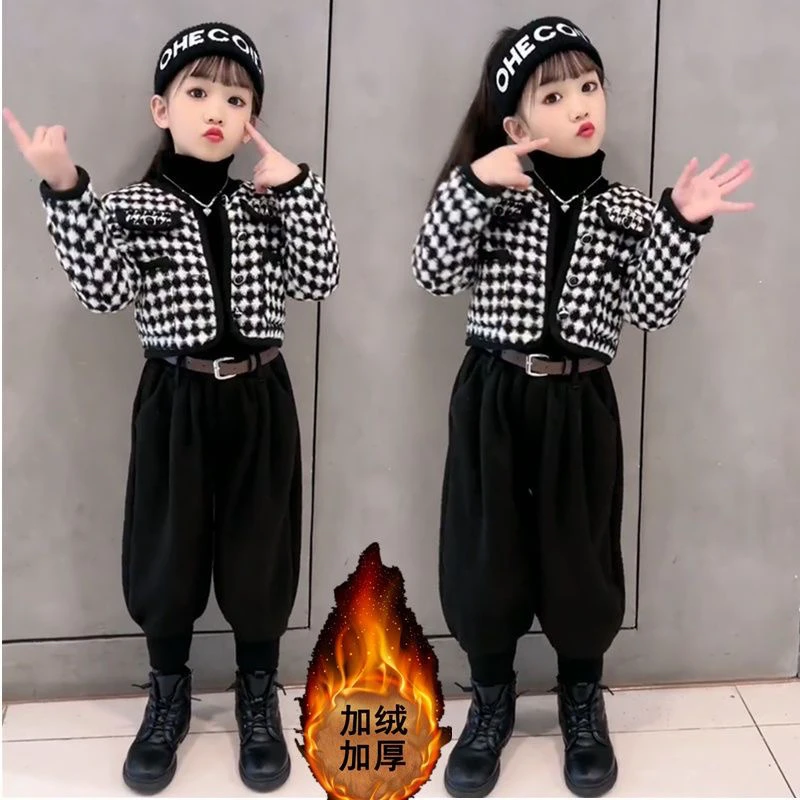 女童小香风套装秋冬新款千鸟格夹棉加厚外套韩版加绒哈伦裤两件套