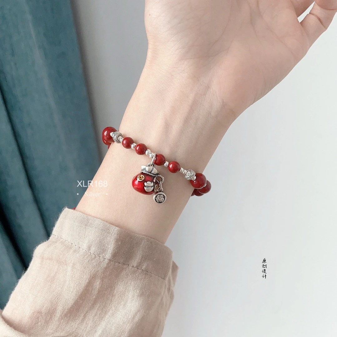 足银珐琅手链 新年红喜庆钱袋满满弹力手串复古高级送礼饰品手工