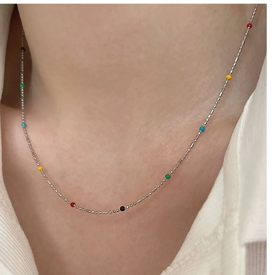 链子925银珐琅 lU同款女生清新豆豆颈链百搭项链多巴胺锁骨链甜美