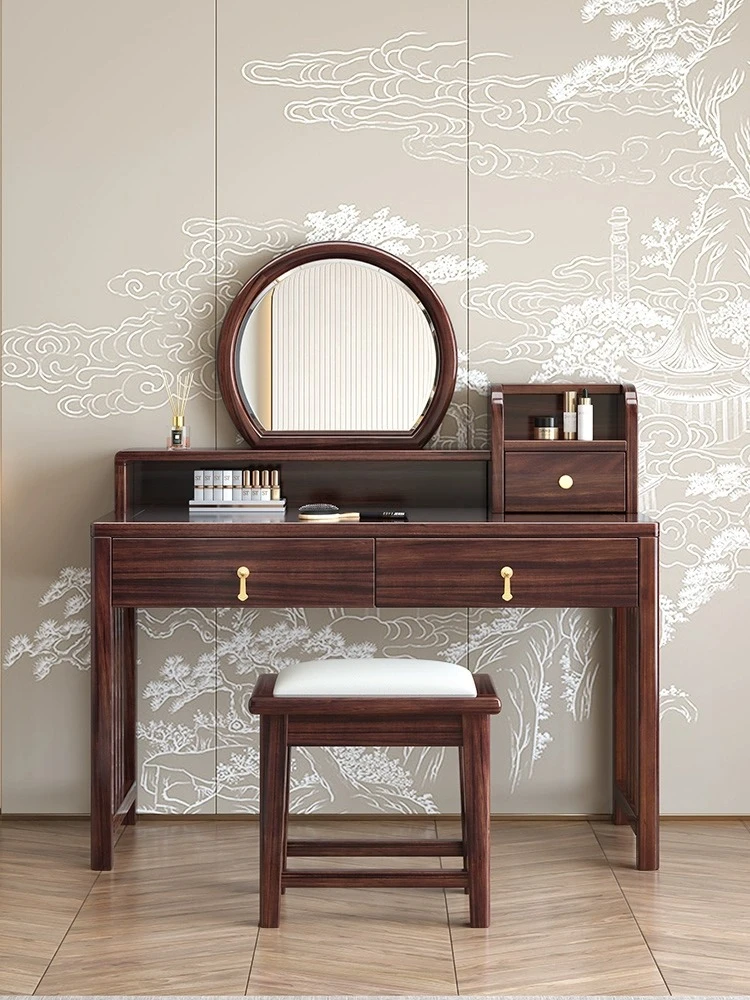 新中式实木梳妆台小型带镜子乌金木现代简约卧室收纳一体式化妆桌