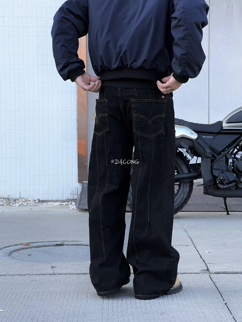 大葱美式复古立体裁剪丹宁黑色水洗牛仔裤男女小众宽松直筒拖地裤