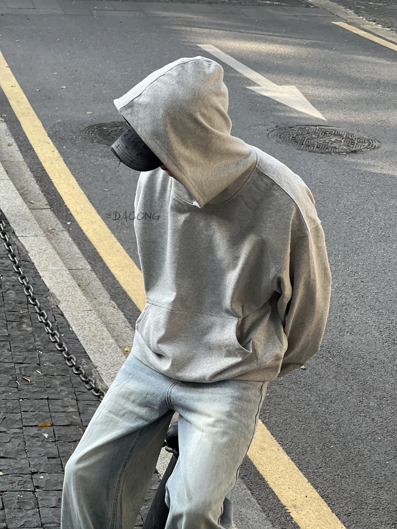 大葱美式纯色连帽卫衣男女cleanfit秋季宽松休闲情侣boxy短款外套