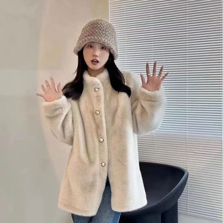 立领宫廷风温柔毛毛外套仿水貂绒大衣中长款宽松皮毛一体泡泡袖