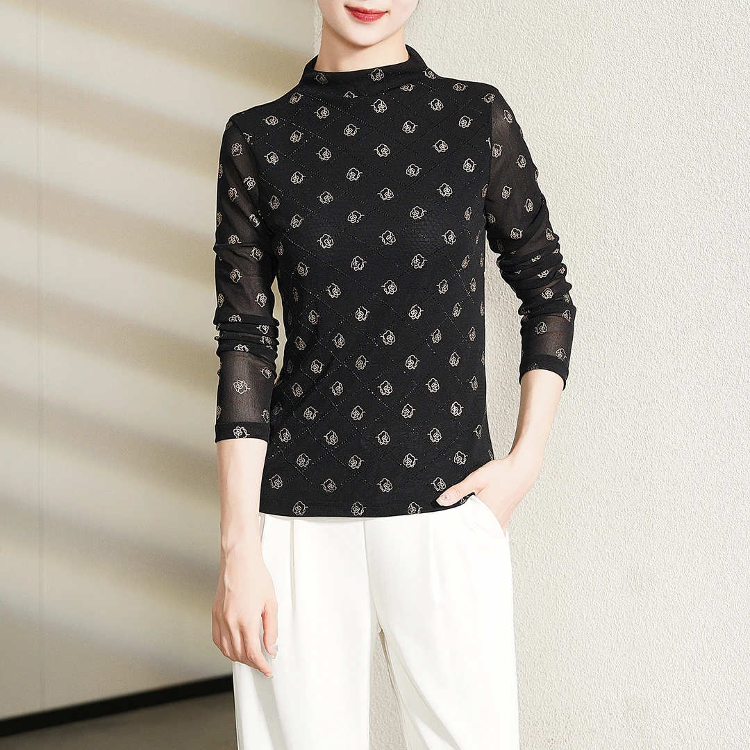 【秋季新款】韩版别致轻奢烫钻气质百搭烟囱领小衫BQ4382 衣长58