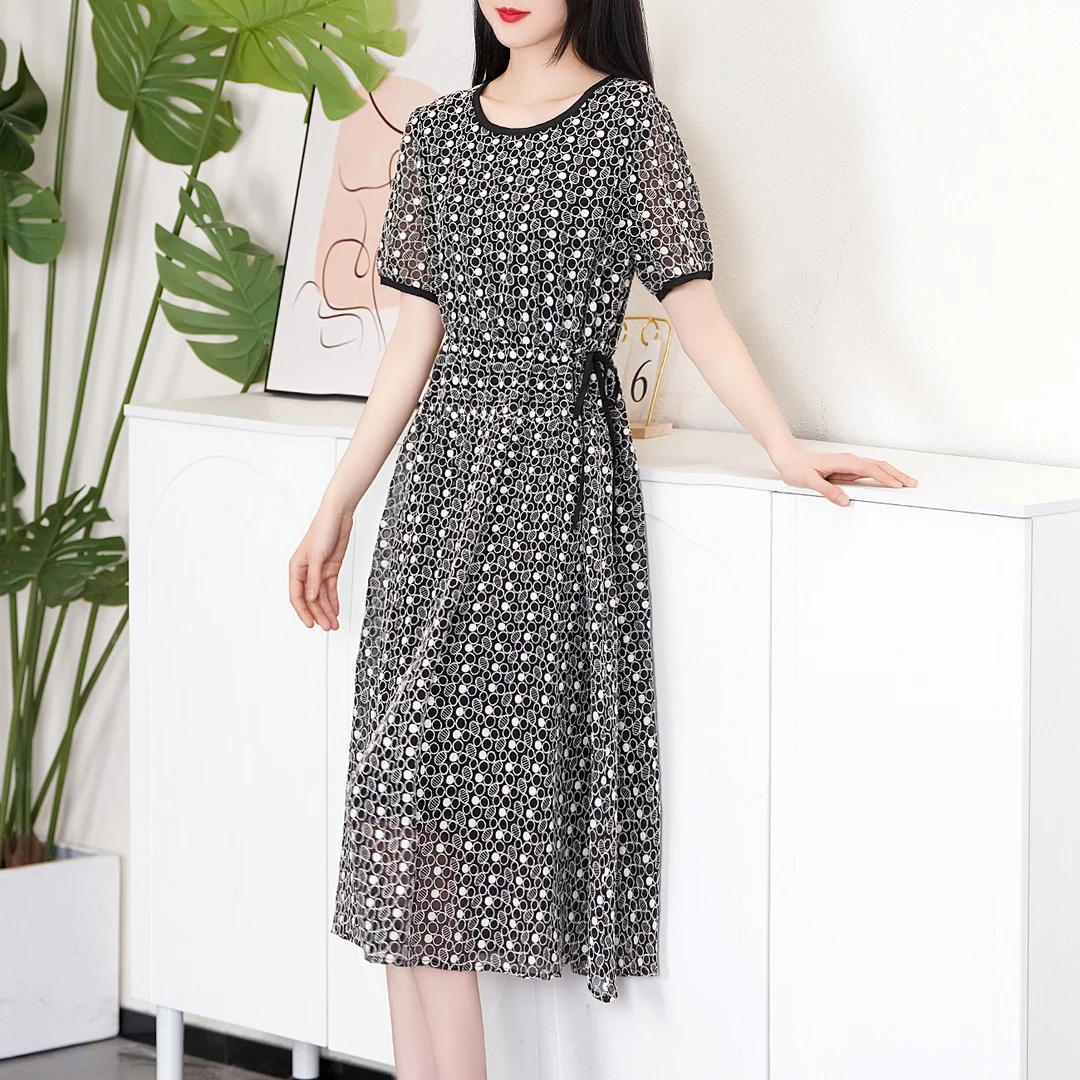 【春夏新款】法式圆领设计感收腰撞色中长款连衣裙BS3900 裙长106