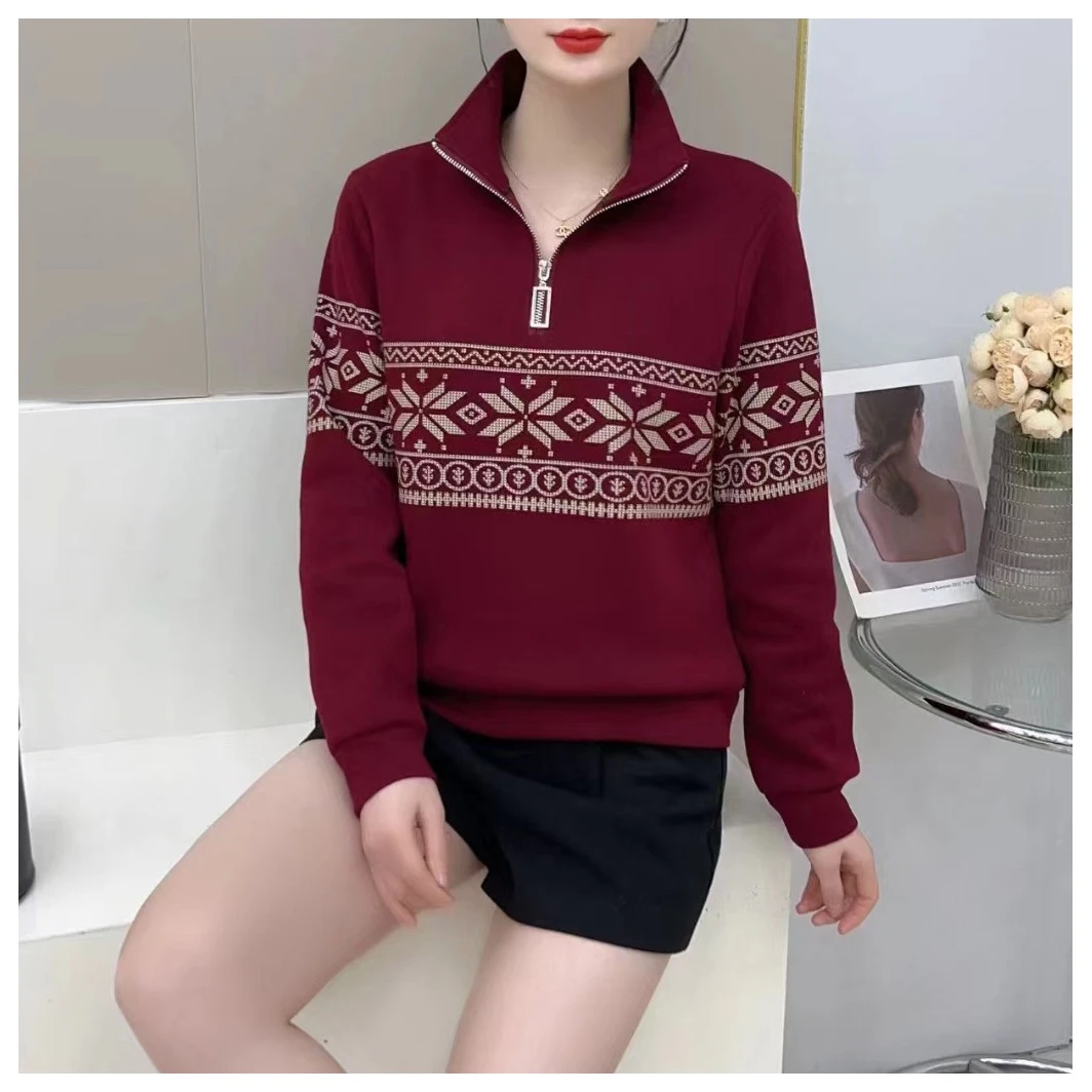 【秋冬新款】复古时尚印花翻领撞色宽松休闲长袖卫衣BQ5033衣长60