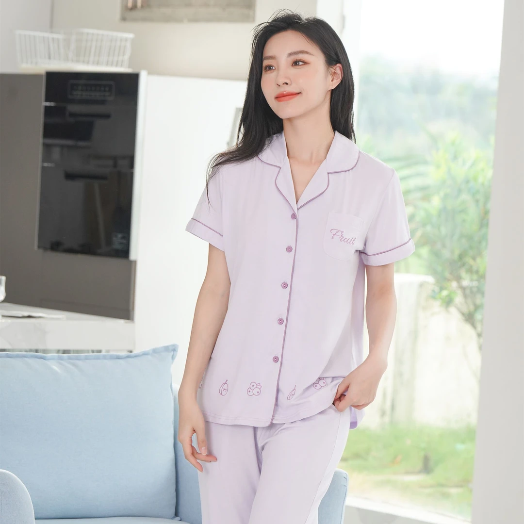 姬玛夏季简约翻领透气棉短袖长裤睡衣家居服女套装242288