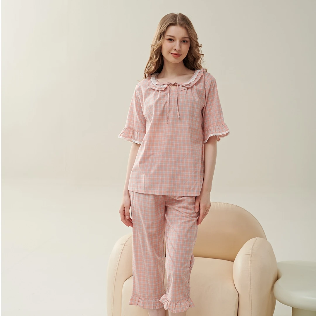 姬玛夏季薄款针织格子休闲女士短袖七分裤睡衣家居服套装232601