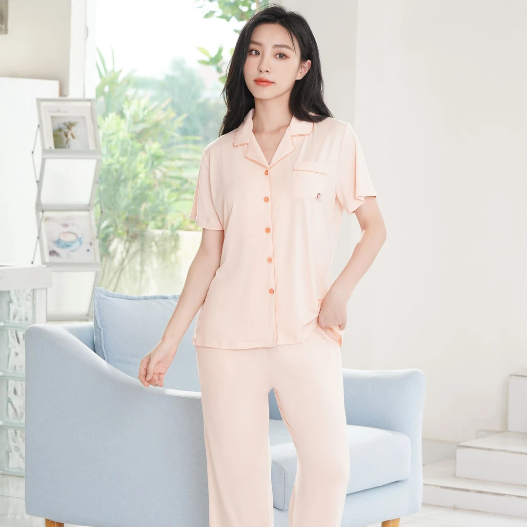 姬玛夏季简约翻领透气棉短袖七分裤睡衣家居服女套装242263