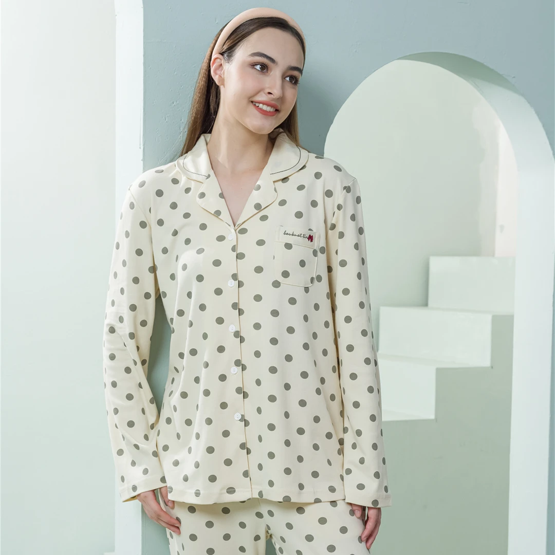 姬玛秋款女睡衣纯棉长袖圆点舒适防静电简约翻领家居服套装233200