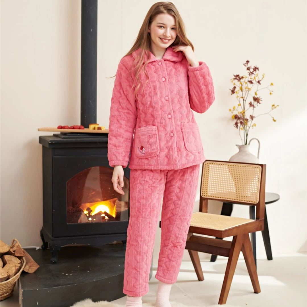 【特惠大促】姬玛冬季三层加绒加厚夹棉保暖女士家居服套装219628