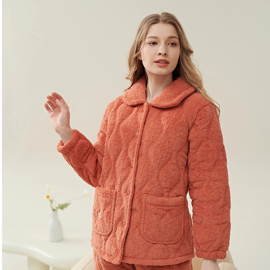 姬玛冬季三层加绒加厚夹棉保暖女士家居服套装239533