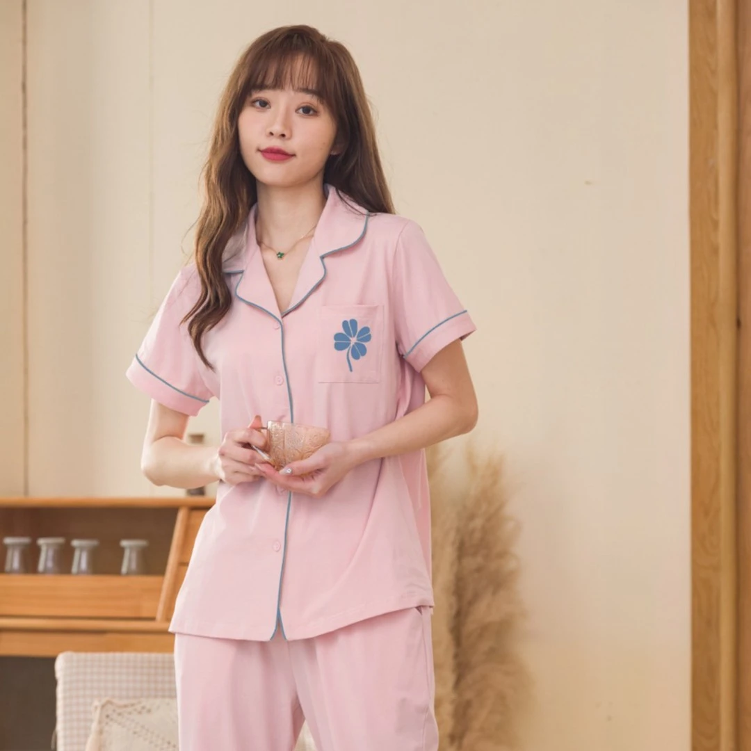 姬玛夏款针织爽棉短袖女睡衣薄款纯色简约舒适家居服套装232361