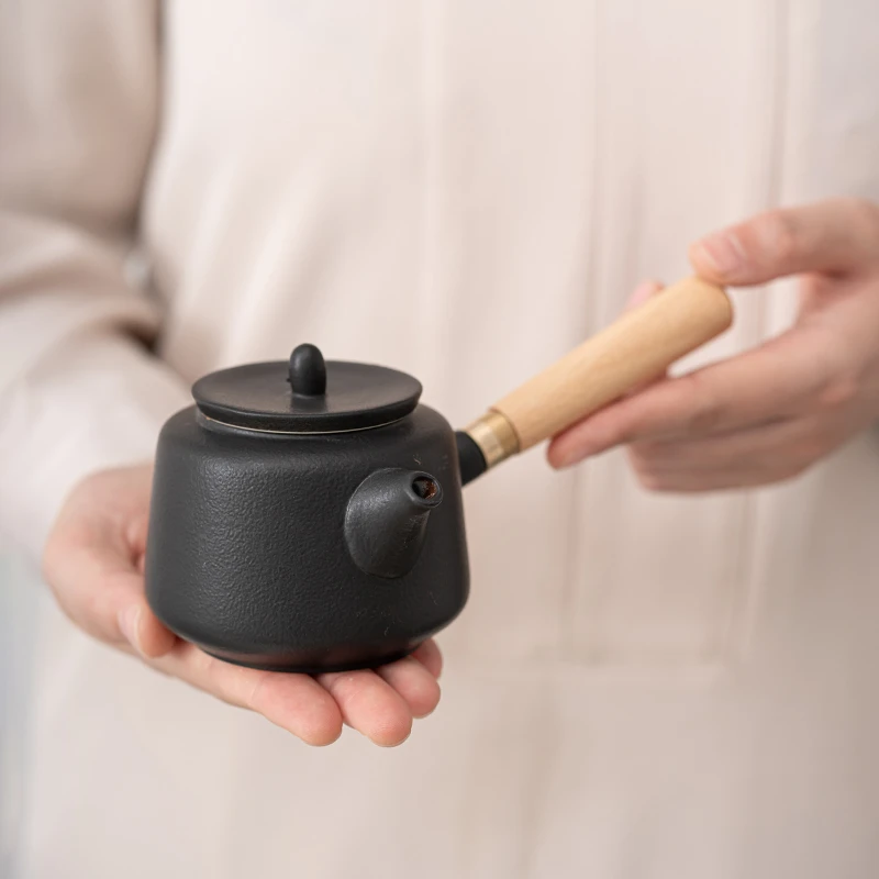 陶瓷侧把茶壶功夫茶具防烫木柄泡茶家用简约黑陶单壶过滤手把煮茶