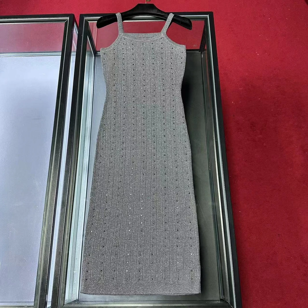 D103女装连衣裙气质针织时尚休闲女士条纹灰色修身无袖设计师