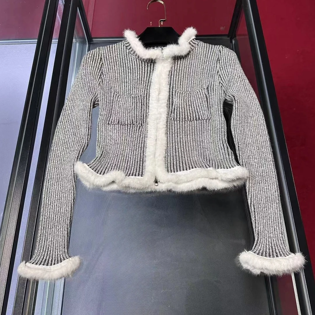 016气质条纹针织衫小香风短款时尚加绒加厚秋冬拼接休闲保暖