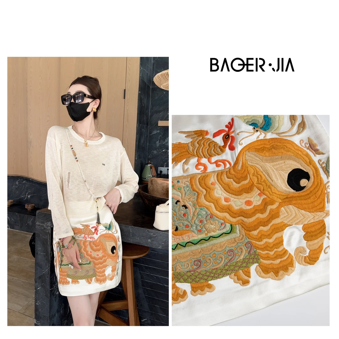 0-宝儿家BD03523205夏季女装国潮风轻奢重工大象刺绣时尚洋气短裙